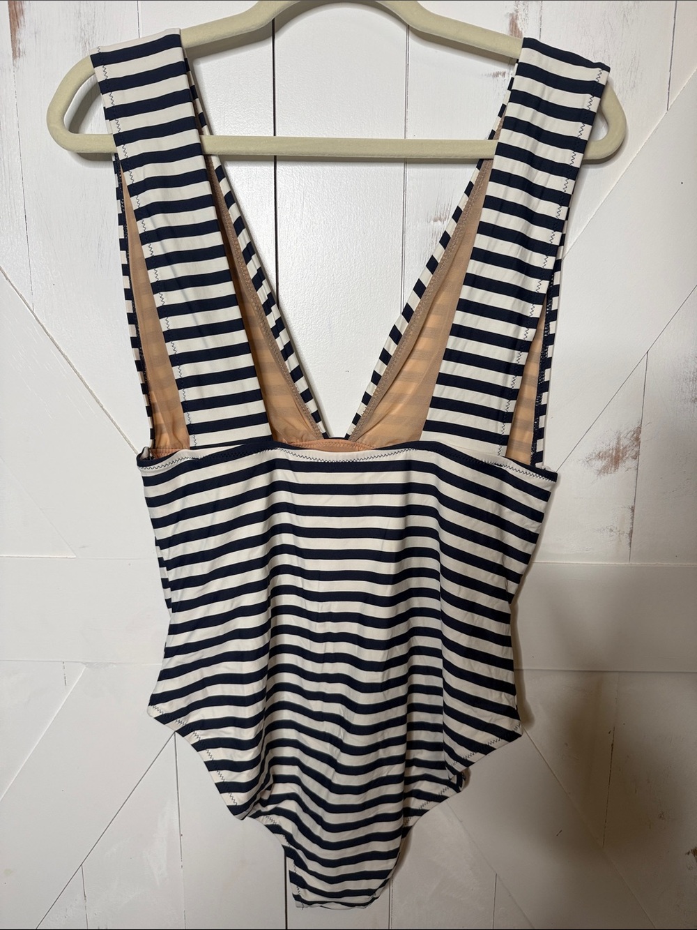 J. Crew Navy White Striped One Piece Swimsuit Deep V - Picture 10 of 12